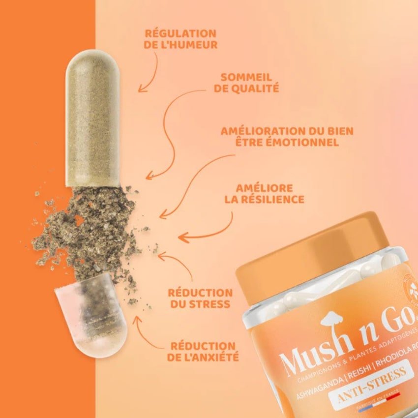 Une capsule de mush n go anti-stress détaillant les caractéristiques du produit