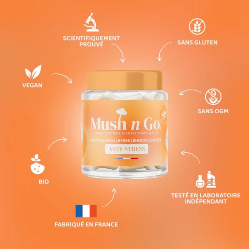 Une boîte de mush n go anti-stress présentant les avantages du produit 