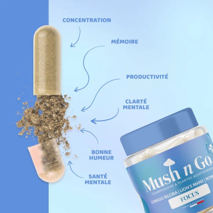 Une capsule de Focus de la marque mush n go détaillant les spécificité du produit