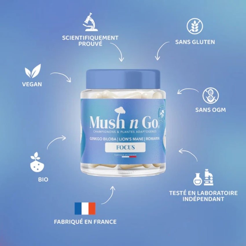 Une boîte de mush n go Focus avec les avantages du produit