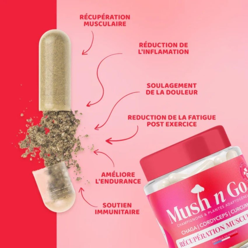 Une capsule de récupération musculaire de la marque mush n go indiquant les bienfaits du produit