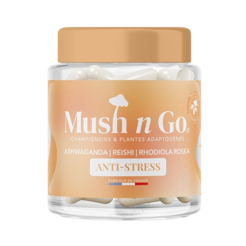 Une boîte de 30 gélules d'anti stress de la marque mush n go