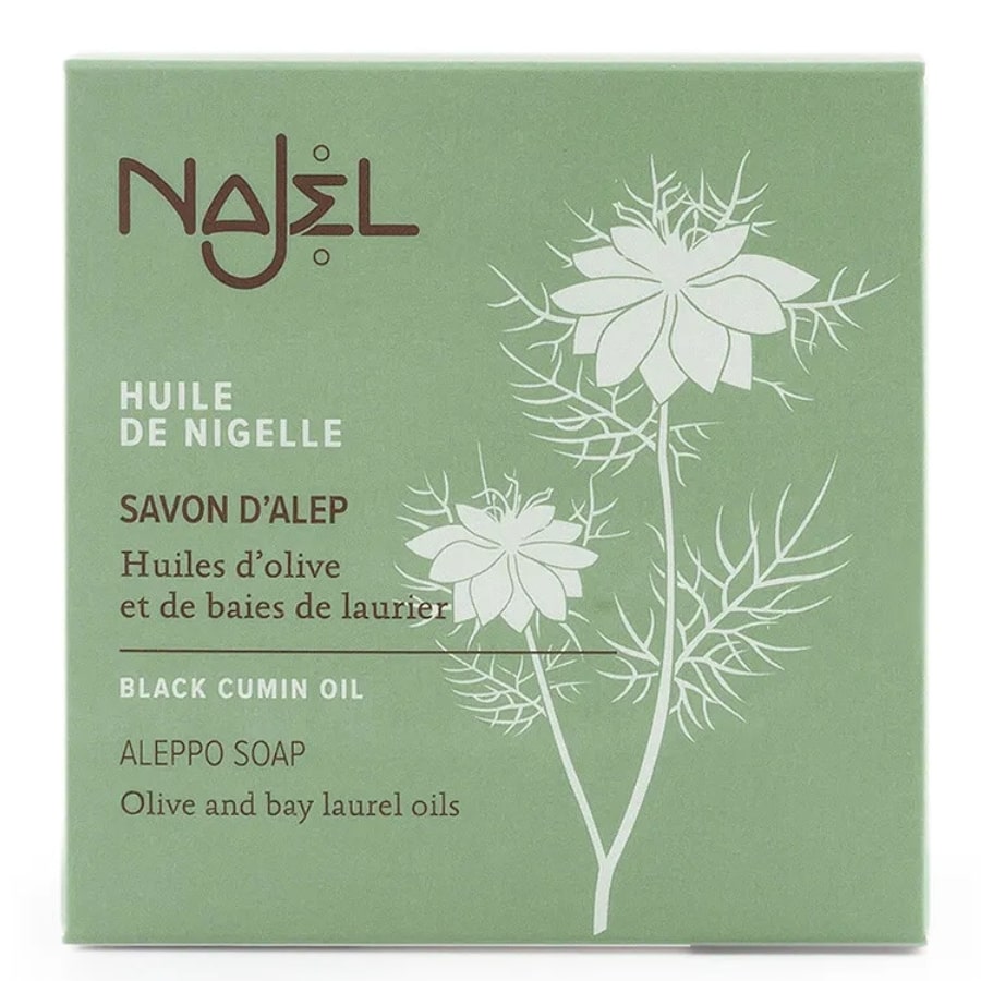 Une boîte de savon d'alep Najel à l'huile de nigelle, huile d'olive et de baies de laurier 