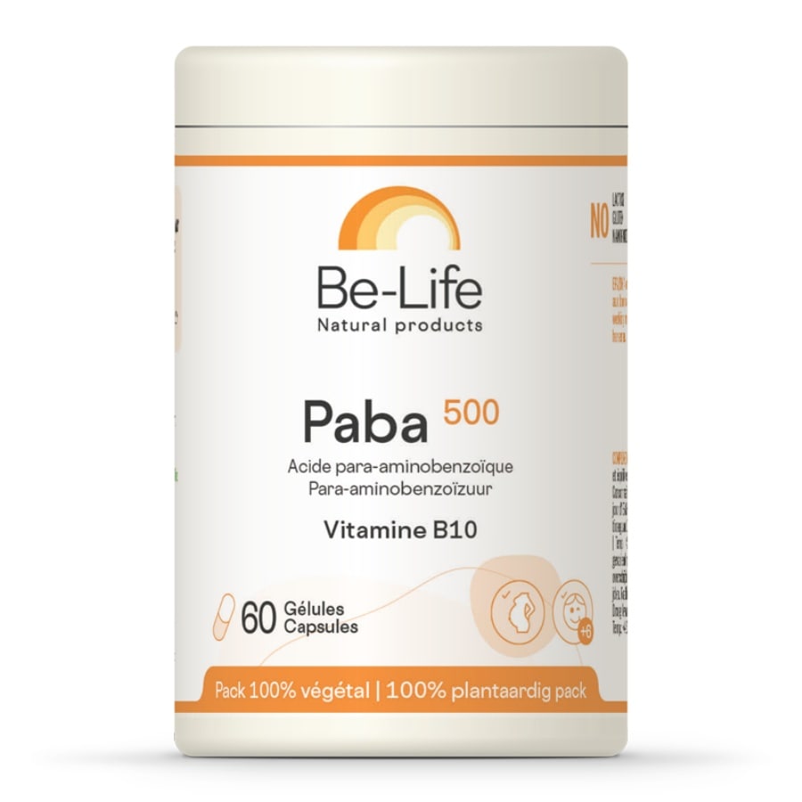 Un pot de 60 gélules de Paba 500 Pro-Vitamine B10 de la marque Be-Life