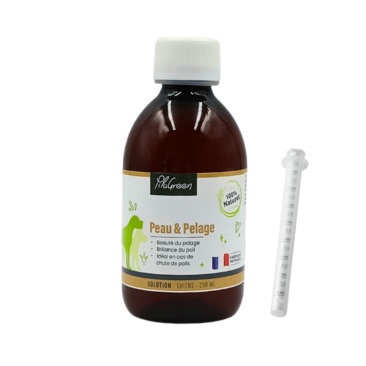 Flacon de 250ml de Peau et Pelage de Pilagreen, complément pour la santé et la beauté du pelage des chiens et chats.