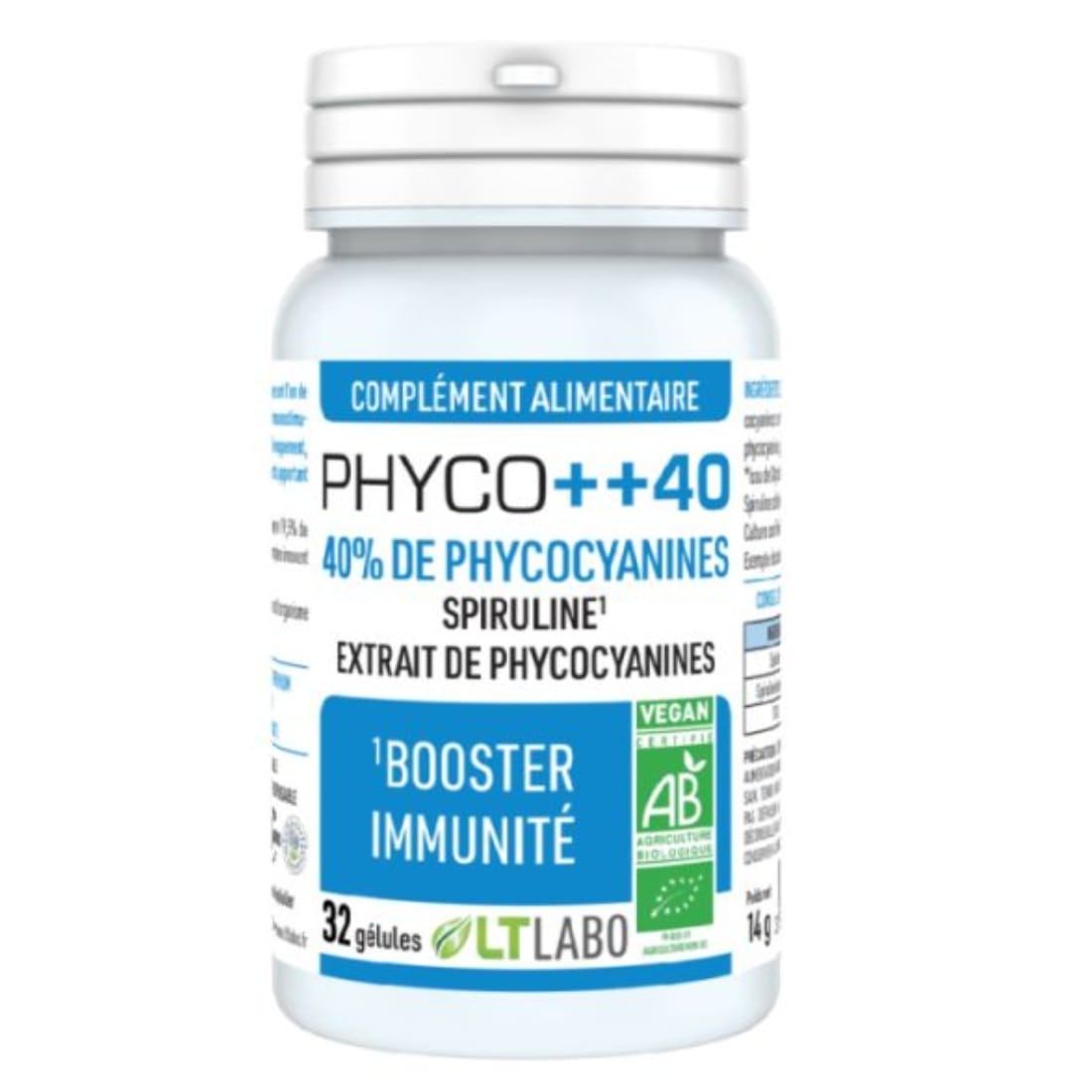 Une boite de Phyco++40 Bio Spiruline & Phycocyanine de 32 gélules de la marque LT Labo.