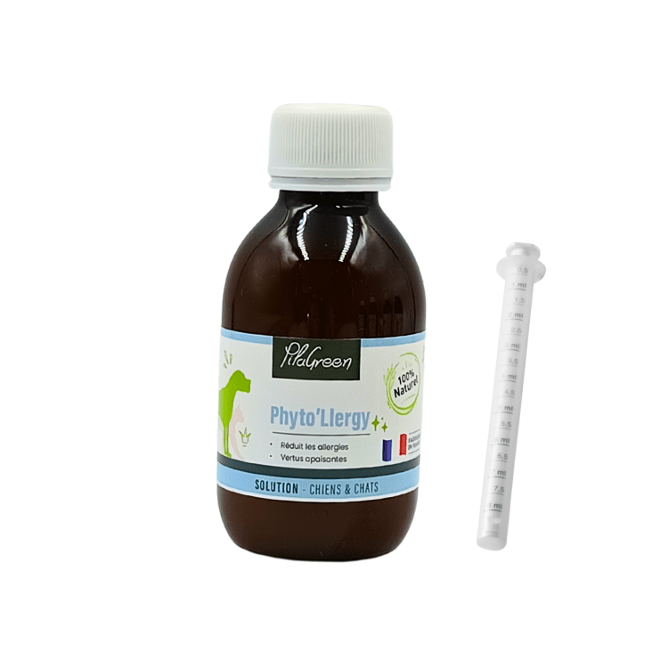 Flacon de 150ml de Phyto'llergy de Pilagreen, sirop naturel pour soulager les allergies respiratoires et cutanées chez les chiens et chats.