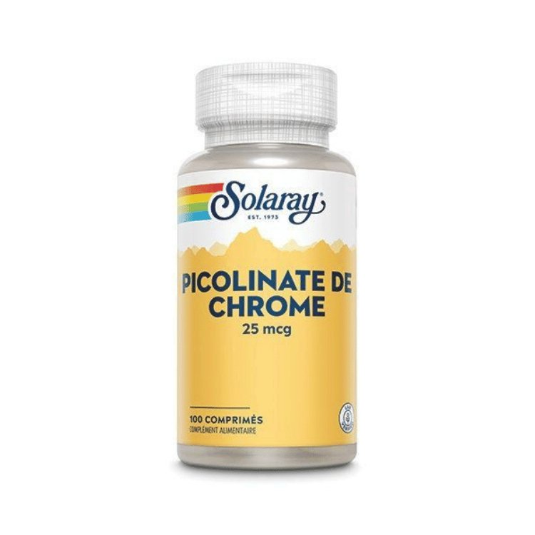 Boîte de 100 comprimés de picolinate de chrome 25mcg de la marque Solaray