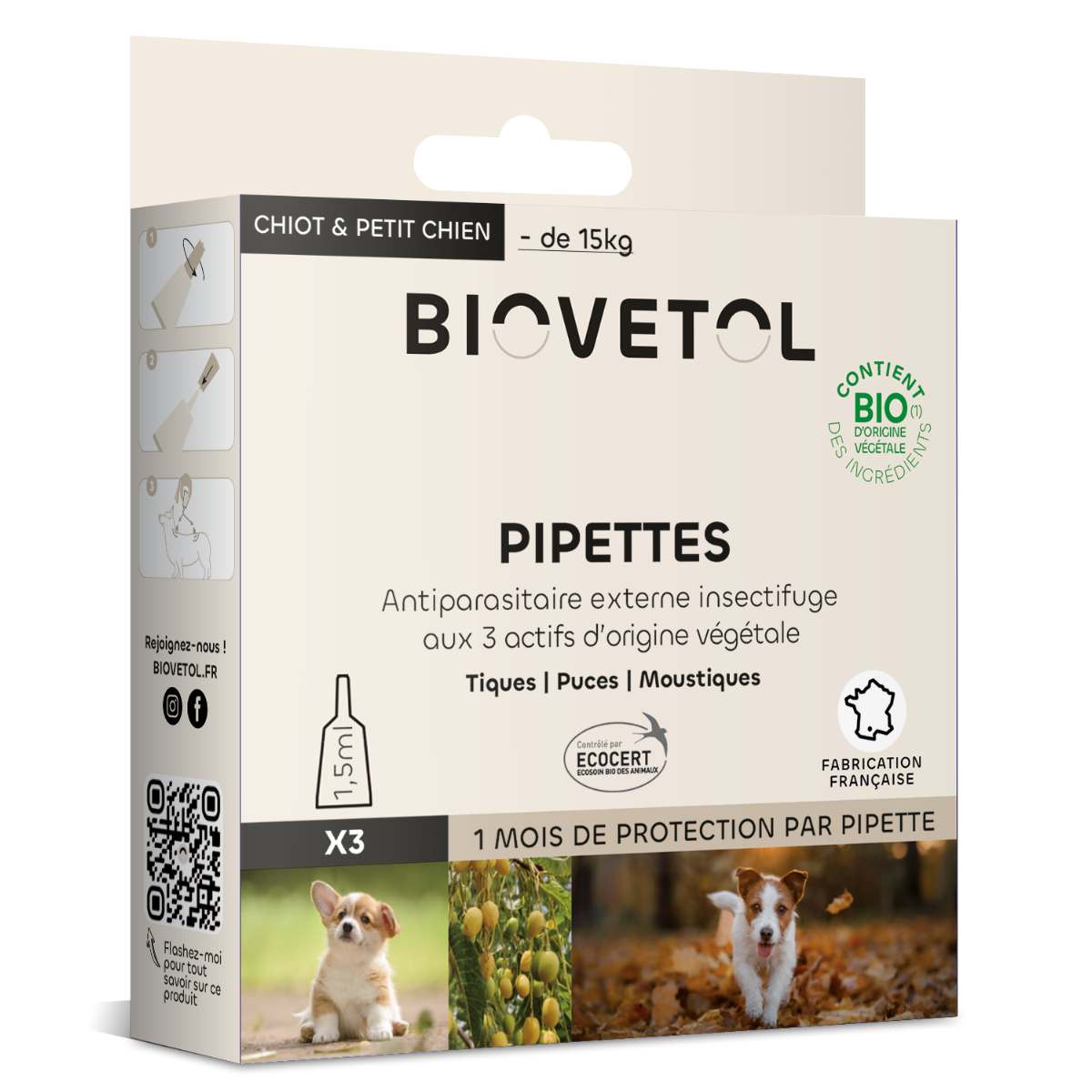 Une boîte de 3 pipettes antiparasitaire pour chiot et petit chien de la marque Biovetol