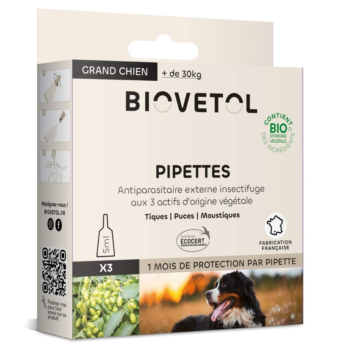 Une boîte de 3 pipettes antiparasitaire pour grand chien de la marque biovetol