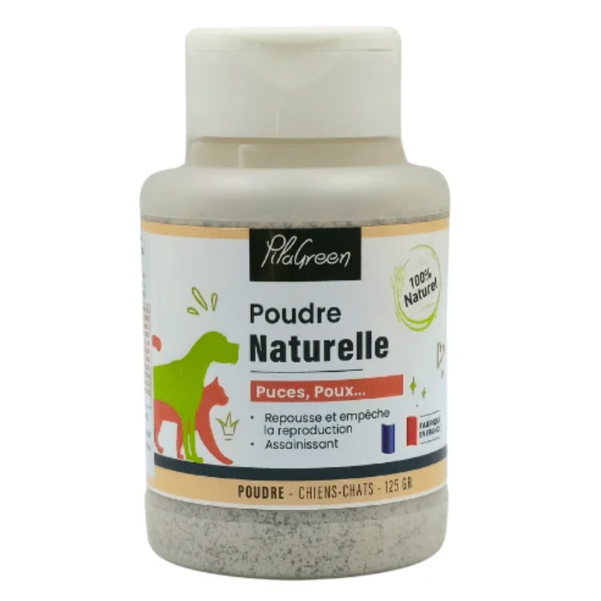 Un pot de Poudre Naturelle Anti-Puces et Tiques de 125 g de la marque Pilagreen