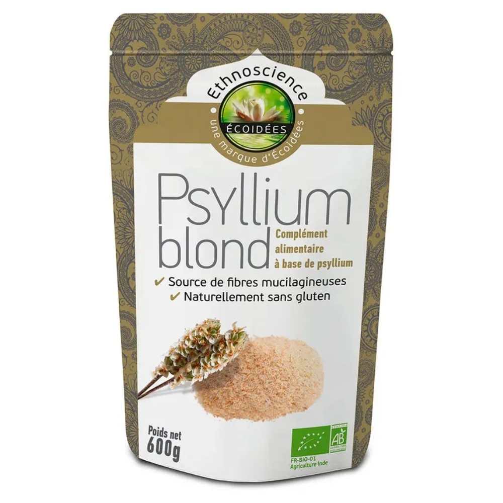 Un sachet de psyllium blond en poudre de 600 g de la marque Ecoidées