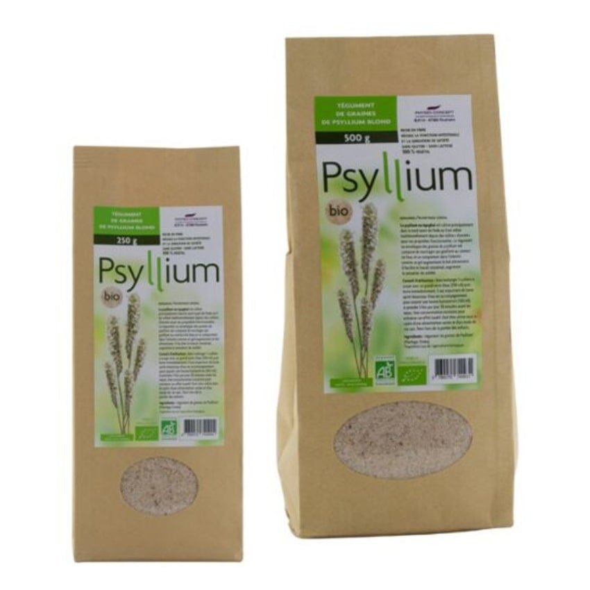 Deux sachets de psyllium blond tégument Bio de 250 g de la marque Physio Concept