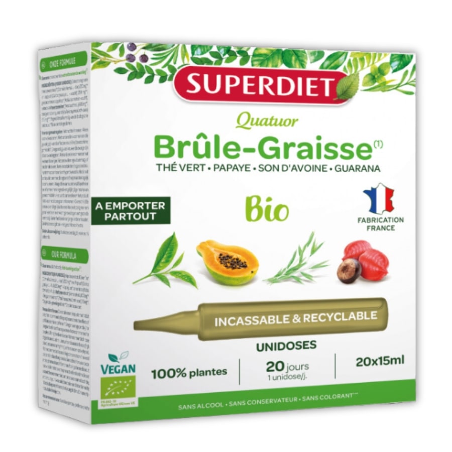 Une boite de Quatuor Brûle-Graisse Bio de 20 unidoses de 15 ml de Superdiet.