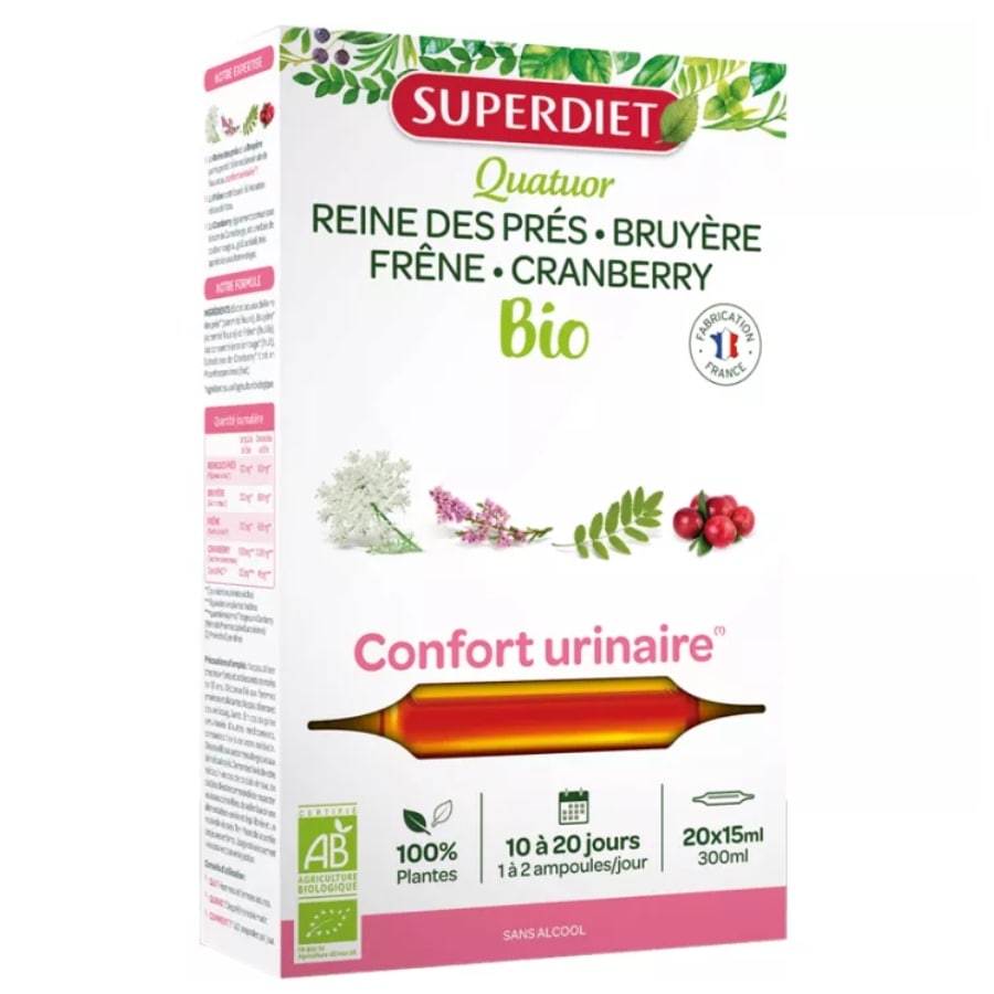 Une boite de Quatuor Confort Urinaire Bio de 20 unidoses de 15 ml de la marque Superdiet