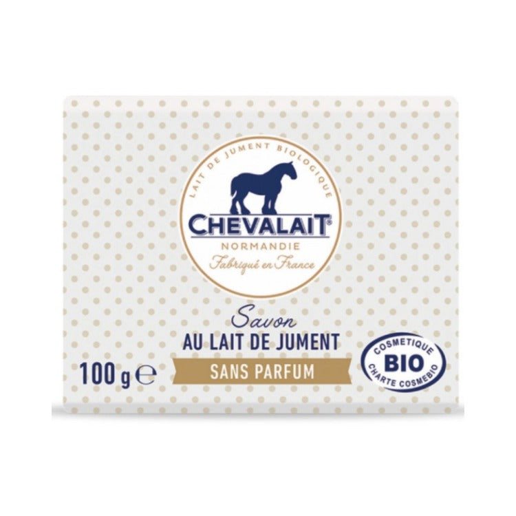 Un savon au lait de jument de 100 g de la marque Chevalait, dans son emballage