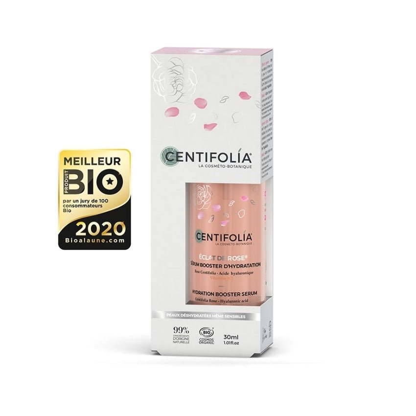 Un sérum d'hydratation eclat de rose de 30 ml de la marque Centifolia dans son emballage