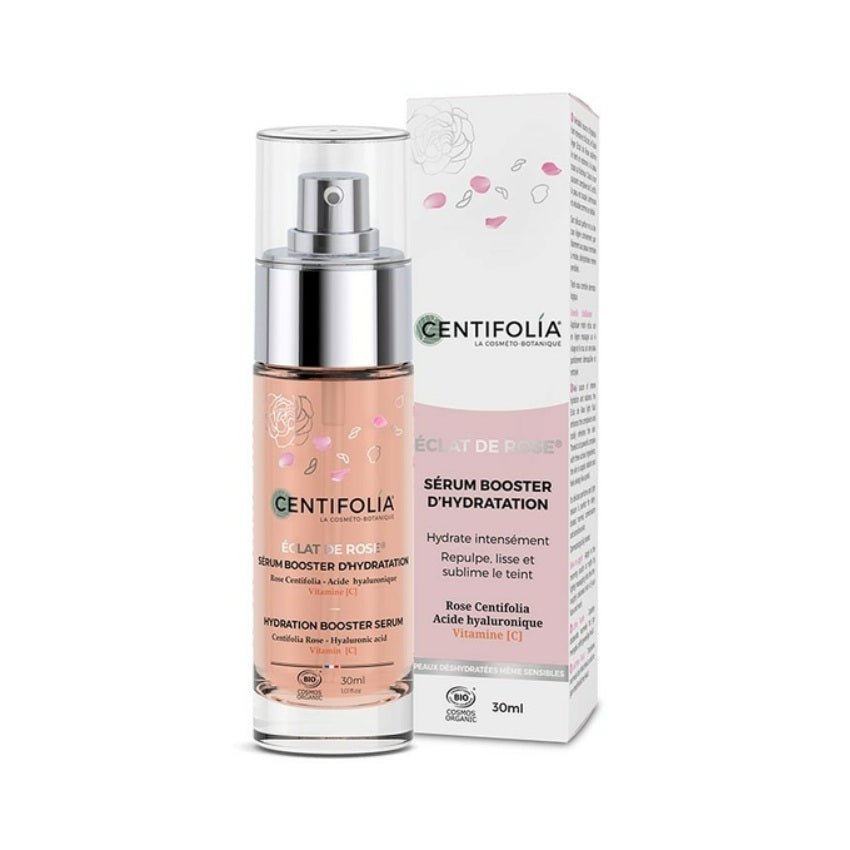 Un sérum d'hydratation eclat de rose de 30 ml de la marque Centifolia à côté de son emballage