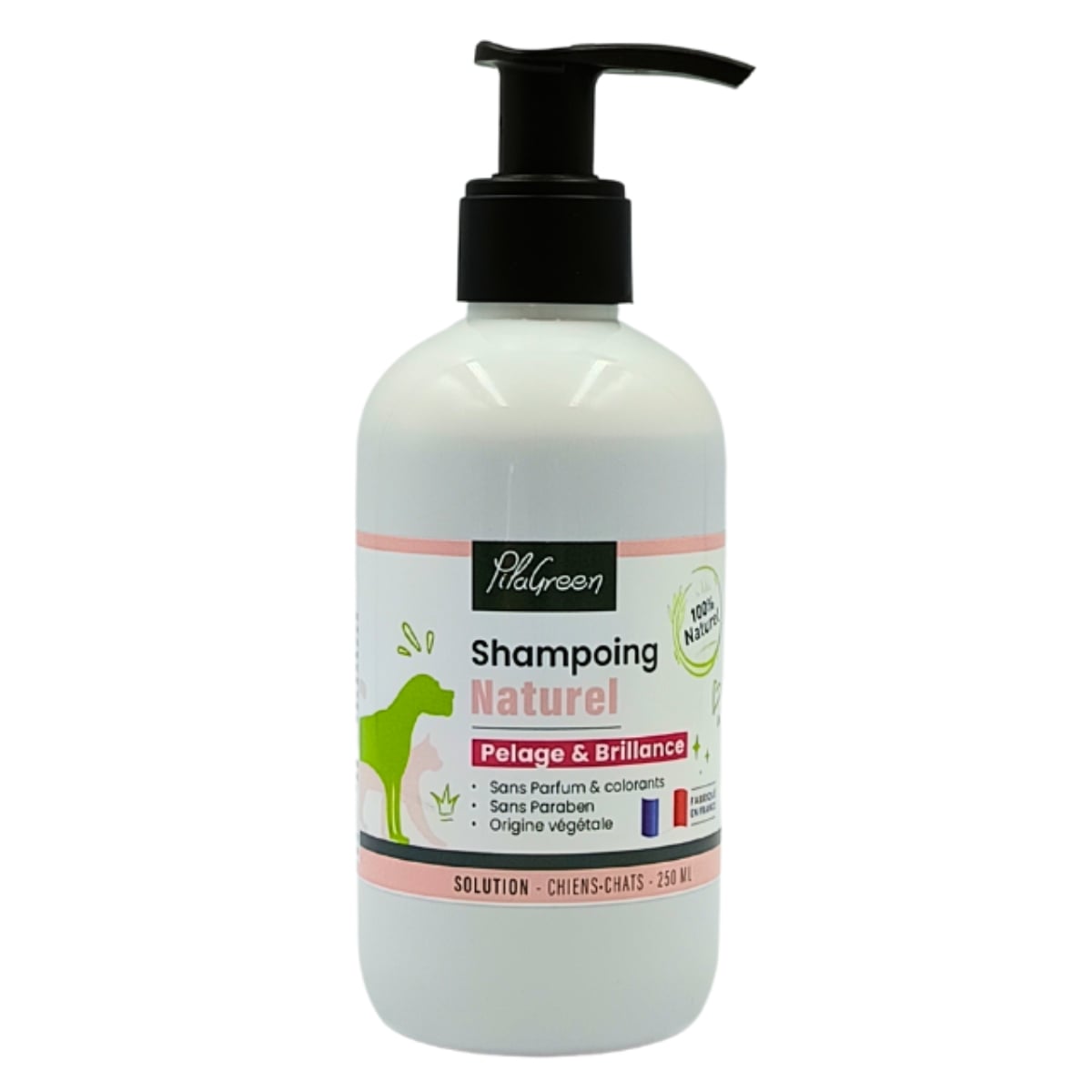 Shampooing pompe de 250ml pour animaux pelage et brillance de la marque Pilagreen