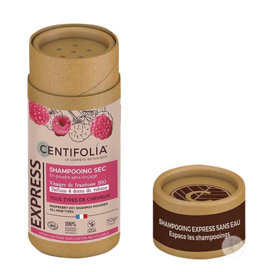 Un shampoing sec sans rinçage framboise de 50 g, ouvert, de la marque Centifolia.