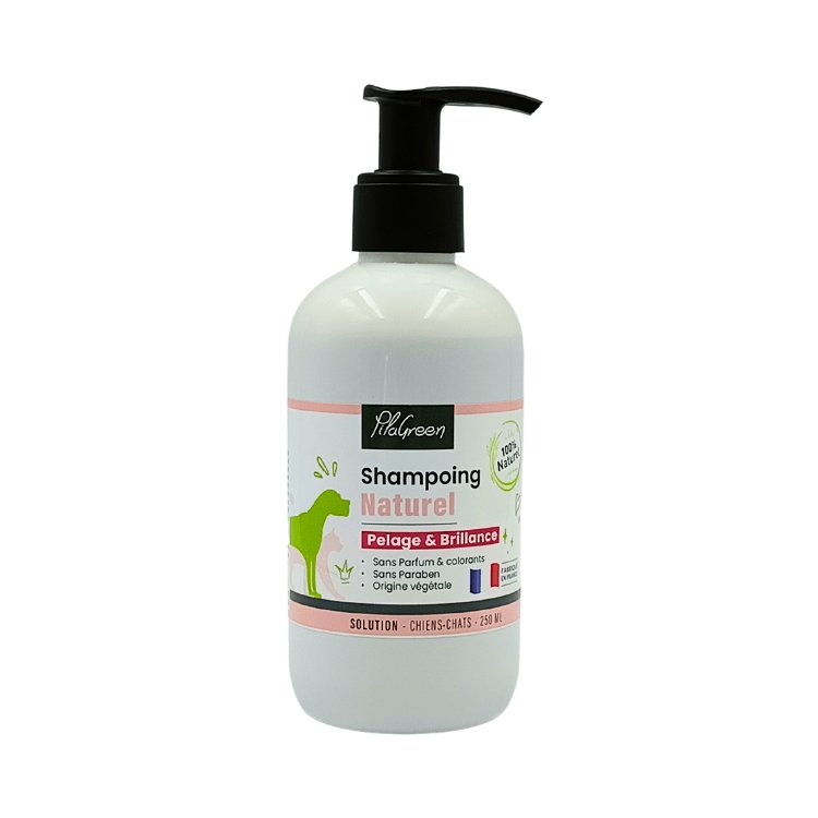 Shampooing pompe de 250ml pour animaux pelage et brillance de la marque Pilagreen