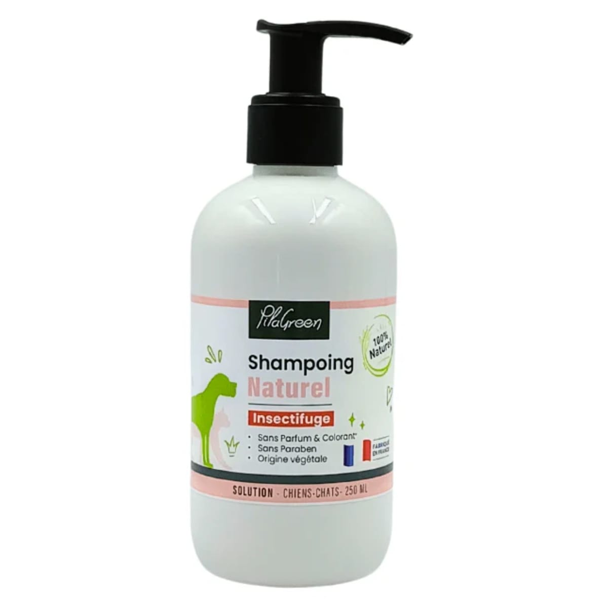 Un shampooing insectifuge pour chien et chat de 250ml de la marque Pilagreen.
