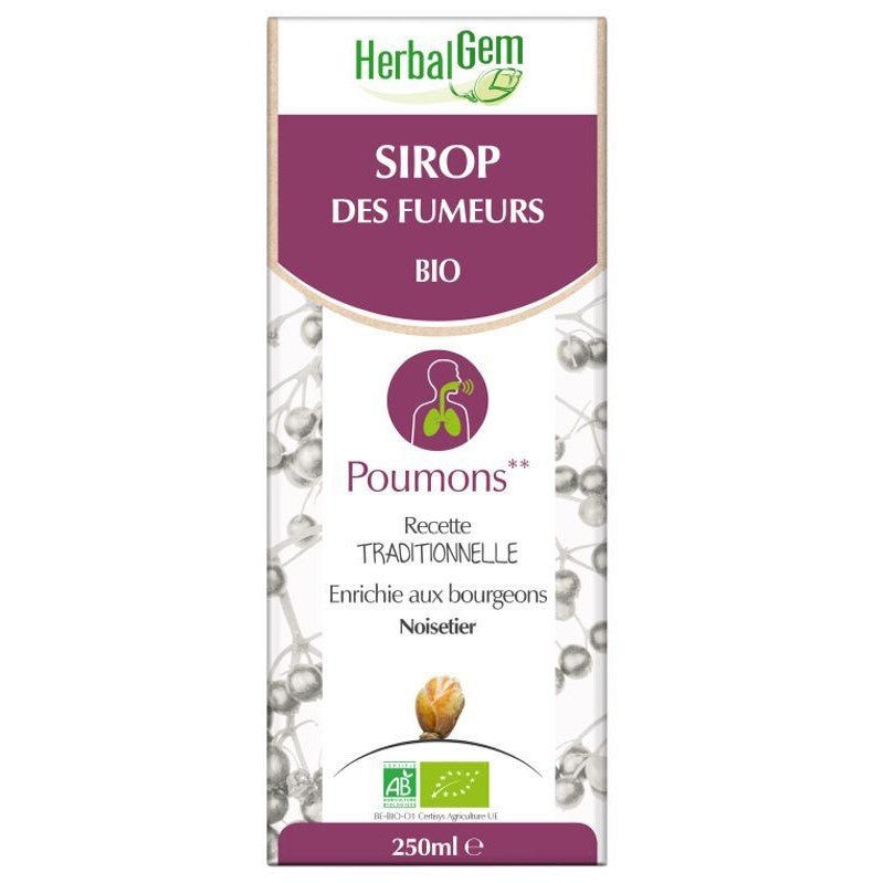 L'emballage carton du Sirop des Fumeurs Bio HerbalGem de 250ml