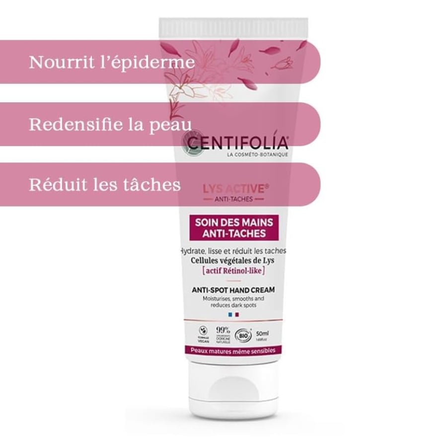 Les bienfaits du soin des mains anti-taches certifié bio de 50 ml de la marque Centifolia.