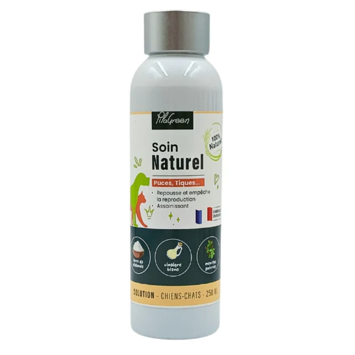 Un soin naturel anti puces et tiques pour chien et chat de 250ml de la marque Pilagreen.