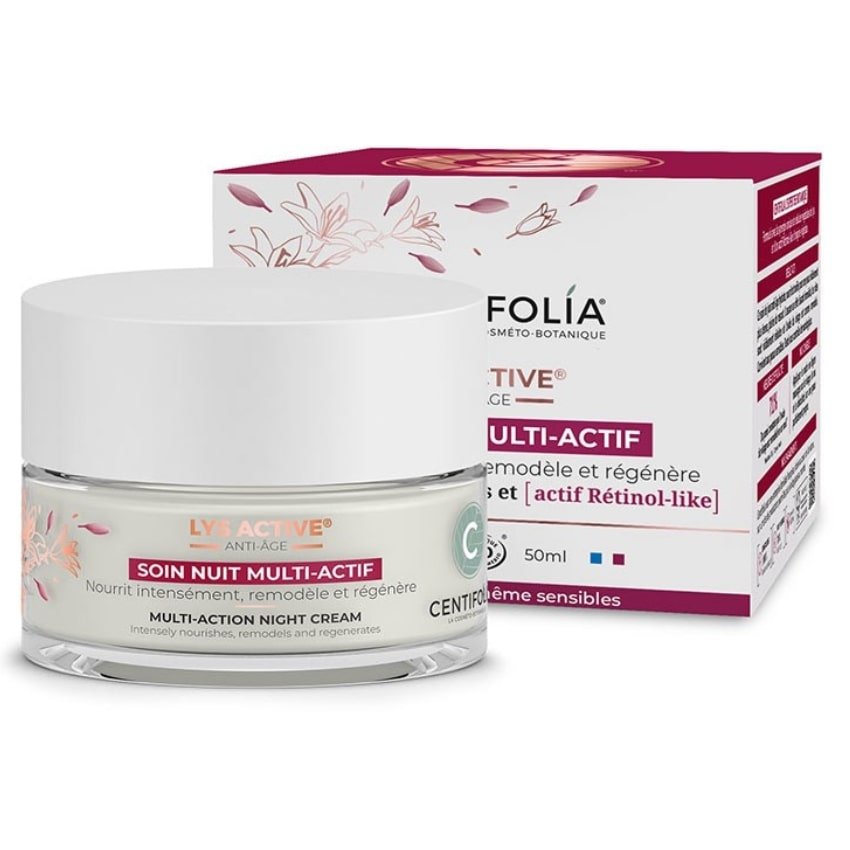 Un pot de Lys active soin de nuit multi-actif de la marque centifolia et son pack en carton