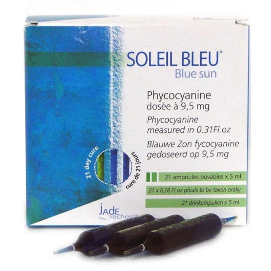 Une boite ouverte de 21 ampoules de Soleil bleu Phycocyanine de Jade Recherche