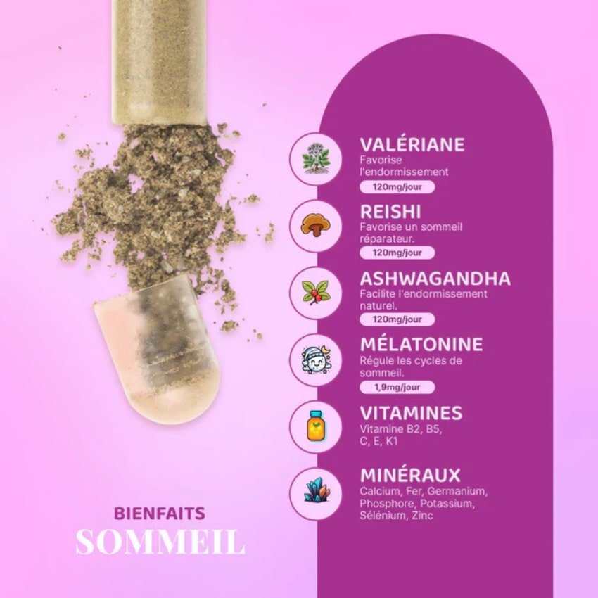 une capsule de sommeil + mush n go et les explications des bienfaits de chaque ingrédients