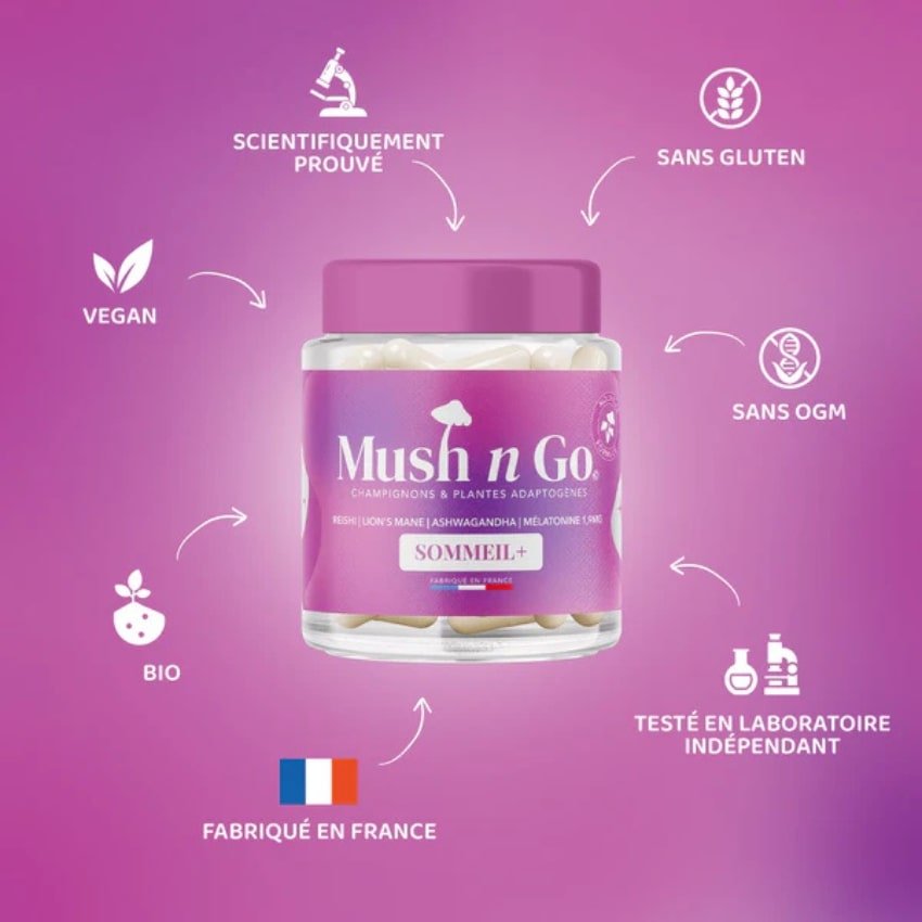 une boîte de 30 gélules de sommeil + mush n go avec les avantages du produit