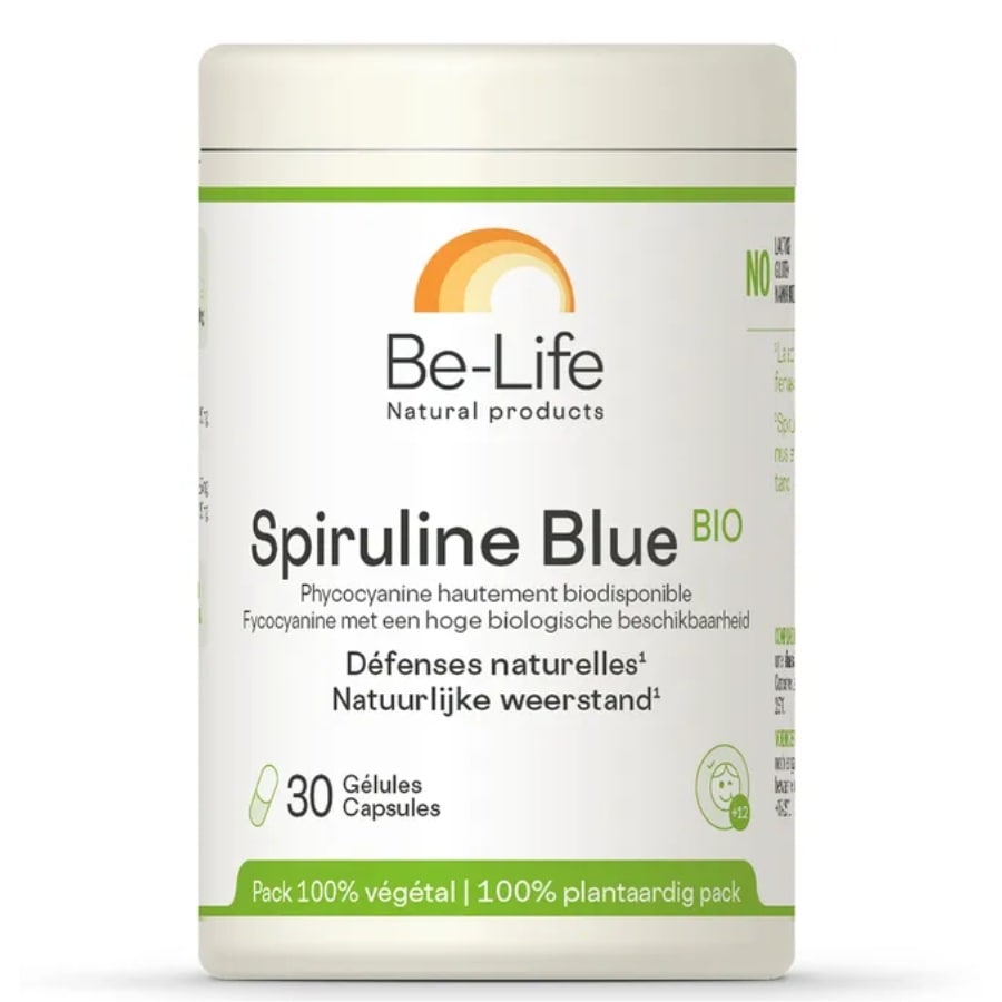 Une boite de complément Spiruline Bleu Bio de 30 gélules de la marque Be-Life.