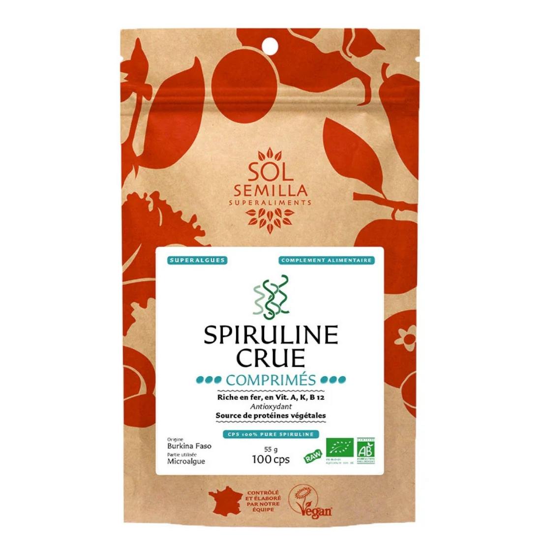 Un sachet hermétique de 100 comprimés de spiruline crue de la marque sol semilla