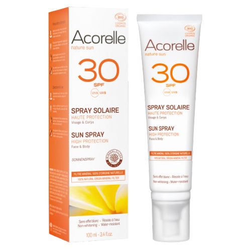 Flacon de 100 ml de Spray Solaire SPF 30 Bio de Acorelle, une protection solaire naturelle et efficace pour la peau.