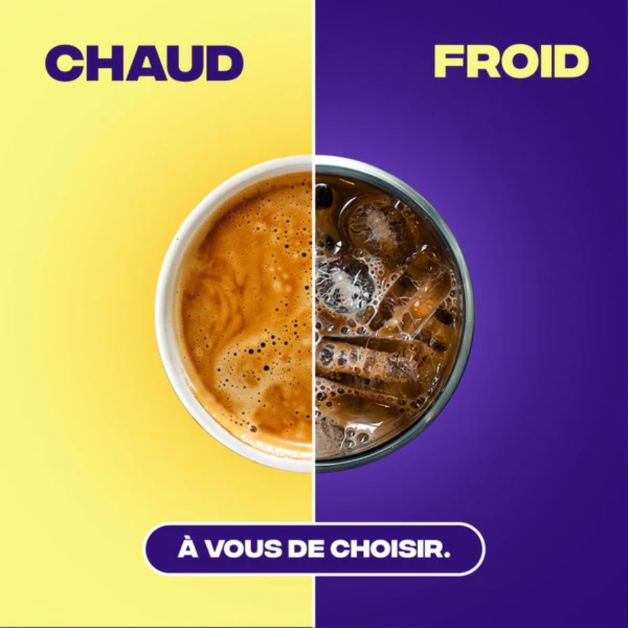 Un café coupé en deux avec à gauche un espresso chaud et à droite un café froid avec des glaçons et la mention à vous de choisir