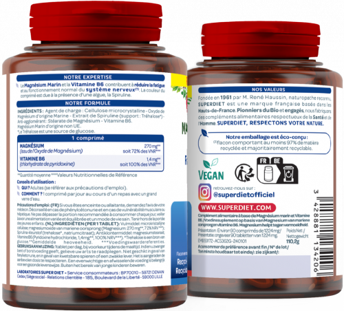 Photo du dos d'une boite de Magnésium Marin + Vitamine B6 de 90 Comprimés de Superdiet