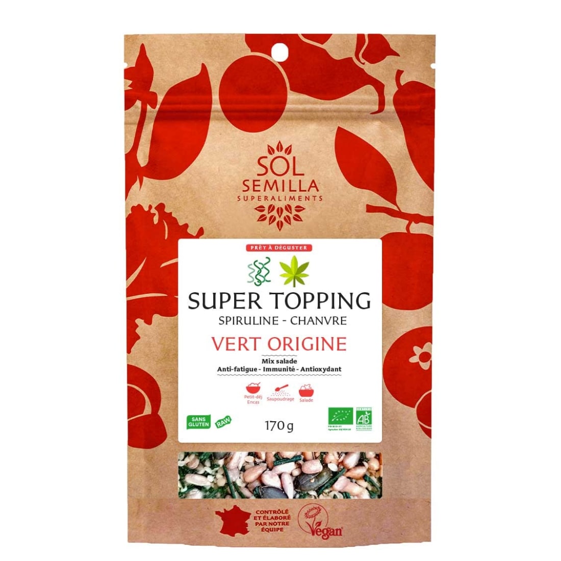 sachet hermétique de 170g de super topping vert origine de la marque sol-semilla