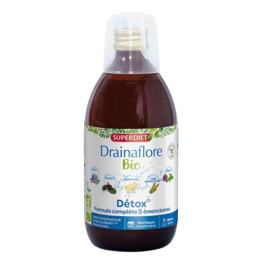 Un flacon de Drainaflore Bio de 480 ml de la marque Superdiet.