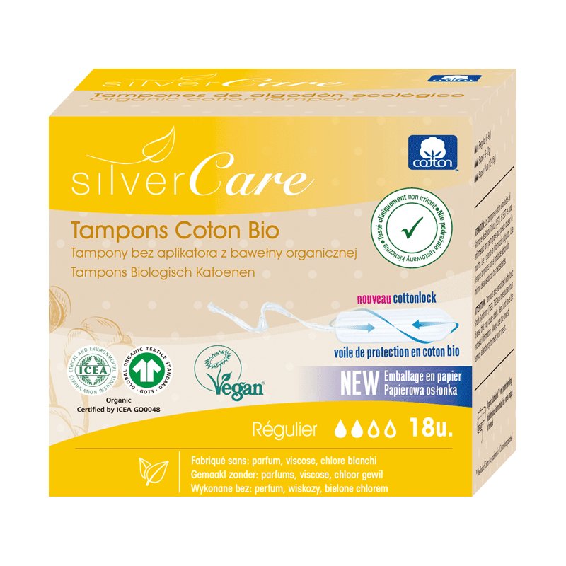 Boîte de 18 tampons en coton bio flux régulier sans applicateur de la marque Silver Care