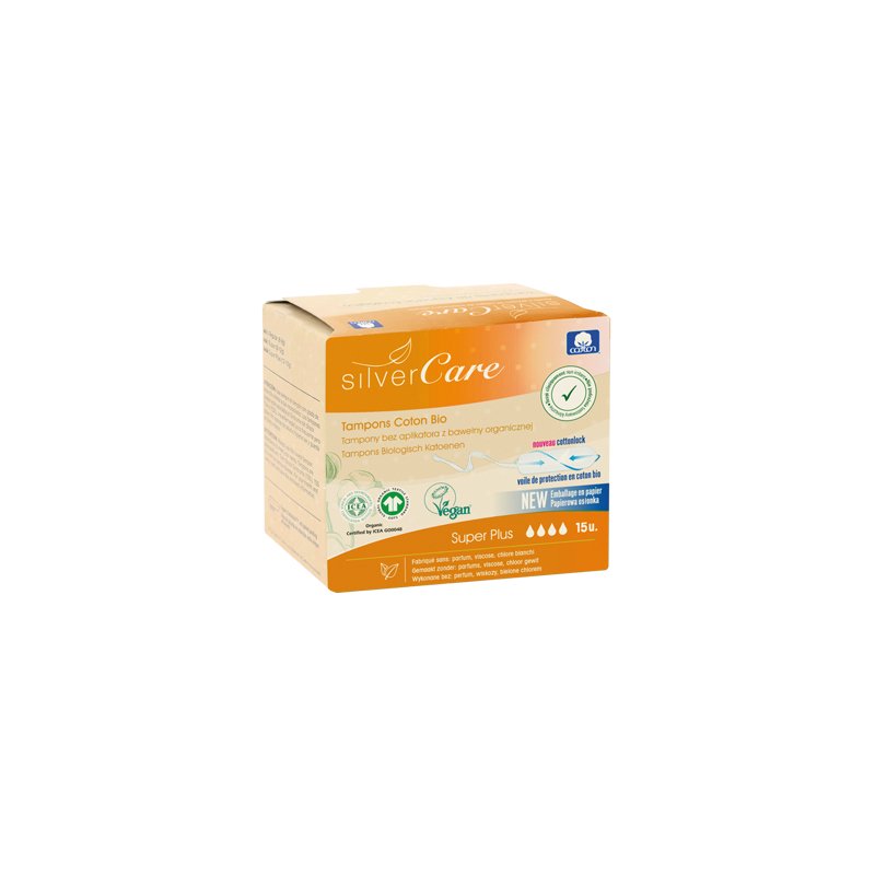 Boîte de 15 tampons en coton bio flux super plus sans applicateur de la marque Silver Care