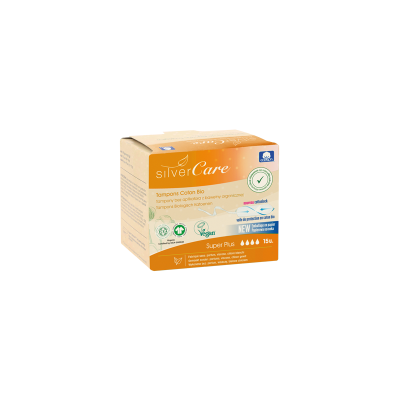 Boîte de 15 tampons en coton bio flux super plus sans applicateur de la marque Silver Care