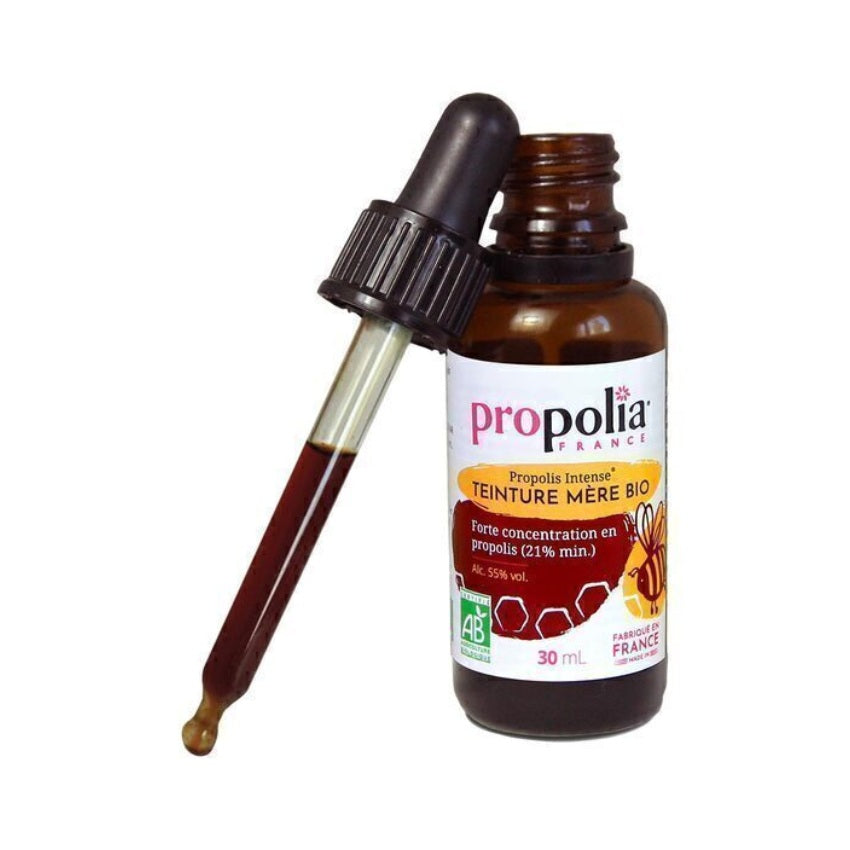 Un flacon de teinture mère de propolis de 30 ml de la marque Propolia avec sa pipette