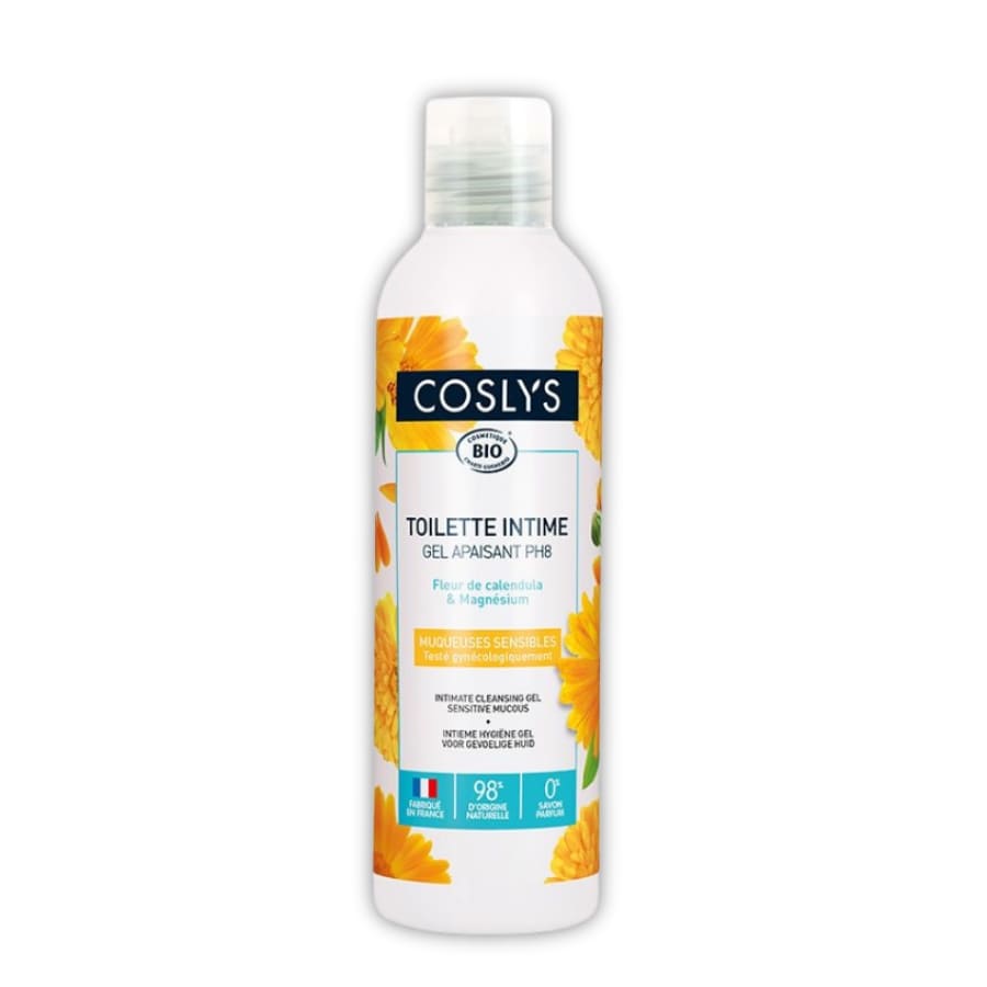 Un flacon de 250ml de gel apaisant toilette intime de la marque coslys