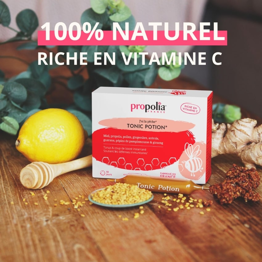 Un Tonic Potion de 10 ampoules de la marque Propolia, riche en vitamines C