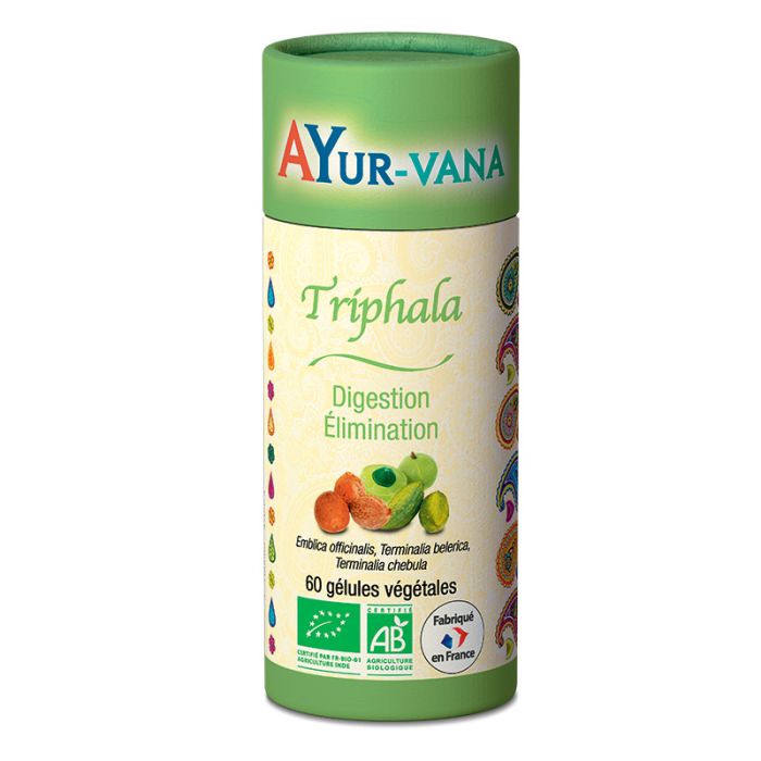 Une boîte de 60 gélules de triphala digestion élimination de la marque ayur-vana