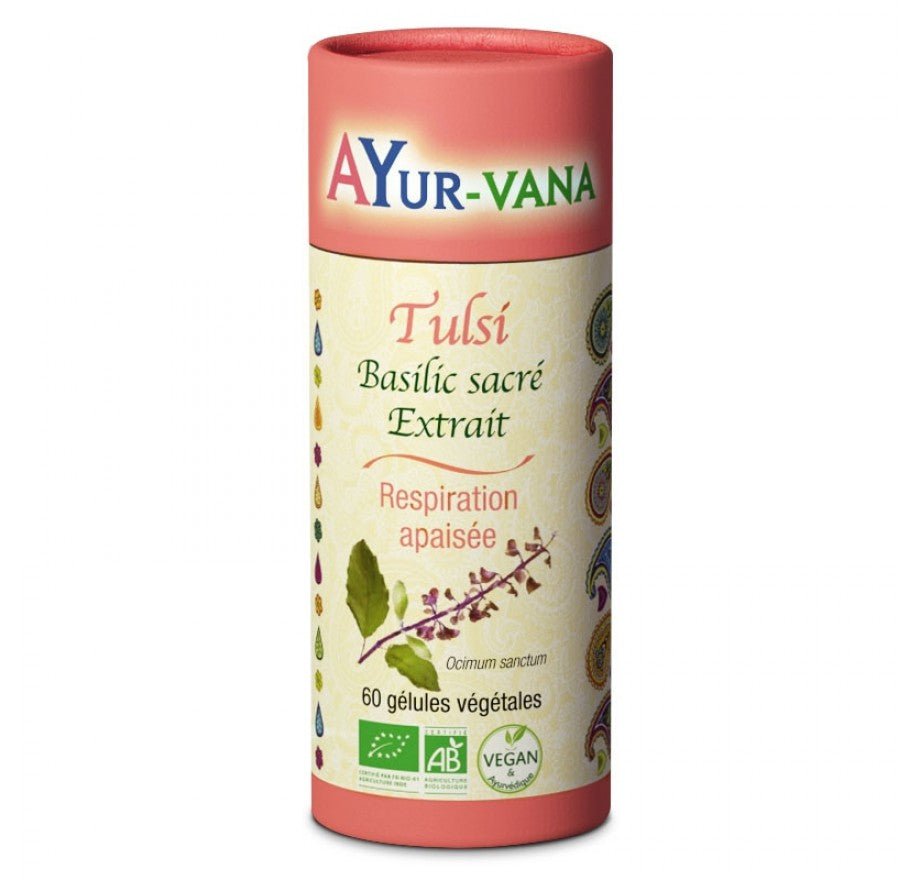 Une boite de 60 gélules de Tulsi Bio Extrait Titré Respiration Apaisée de la marque AyurVana