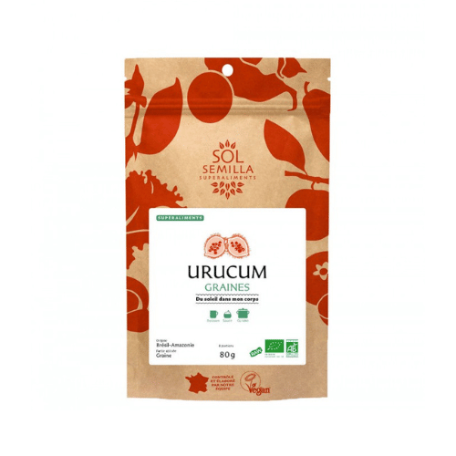 Sachet hermétique de 80g de graines d'urucum bio de la marque Sol-semilla