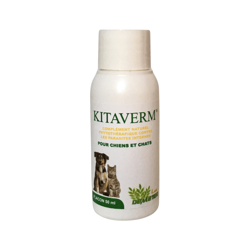 Un flacon de 50 ml de vermifuge Kitaverm pour chien et chat, de Labo Demeter